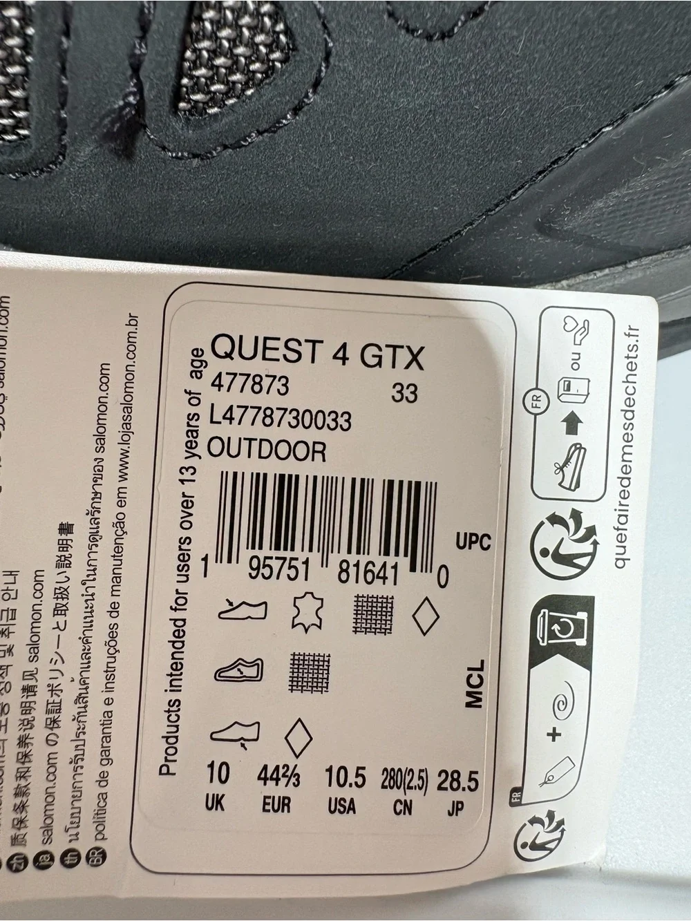 Salomon Quest 4 GTX Men’s Size 10.5 Waterproof Hiking Boots. Gray/Magnet/Quarry